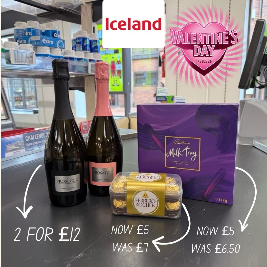 Love is in the air at Middleton Shopping Centre ❤️Heading to Iceland? There are some lovely Valentine’s treats waiting for you.Prosecco and Rosato now 2 for £12
Ferrero Rocher now £5 was £7
Cadbury Milk Tray now £5 was £6.50Perfect for a cosy night in, a thoughtful surprise, or just because.Pop into Iceland in Middleton Shopping Centre and pick up your favourites while stocks last 💕#♥
