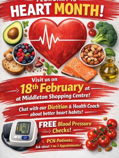 February is Heart Month ❤️This Wednesday the Canalside Primary Care Network team will be at Middleton Shopping Centre from 10am to 2pm offering free blood pressure checks and friendly heart health advice.Pop in while you are visiting. No appointment needed.
