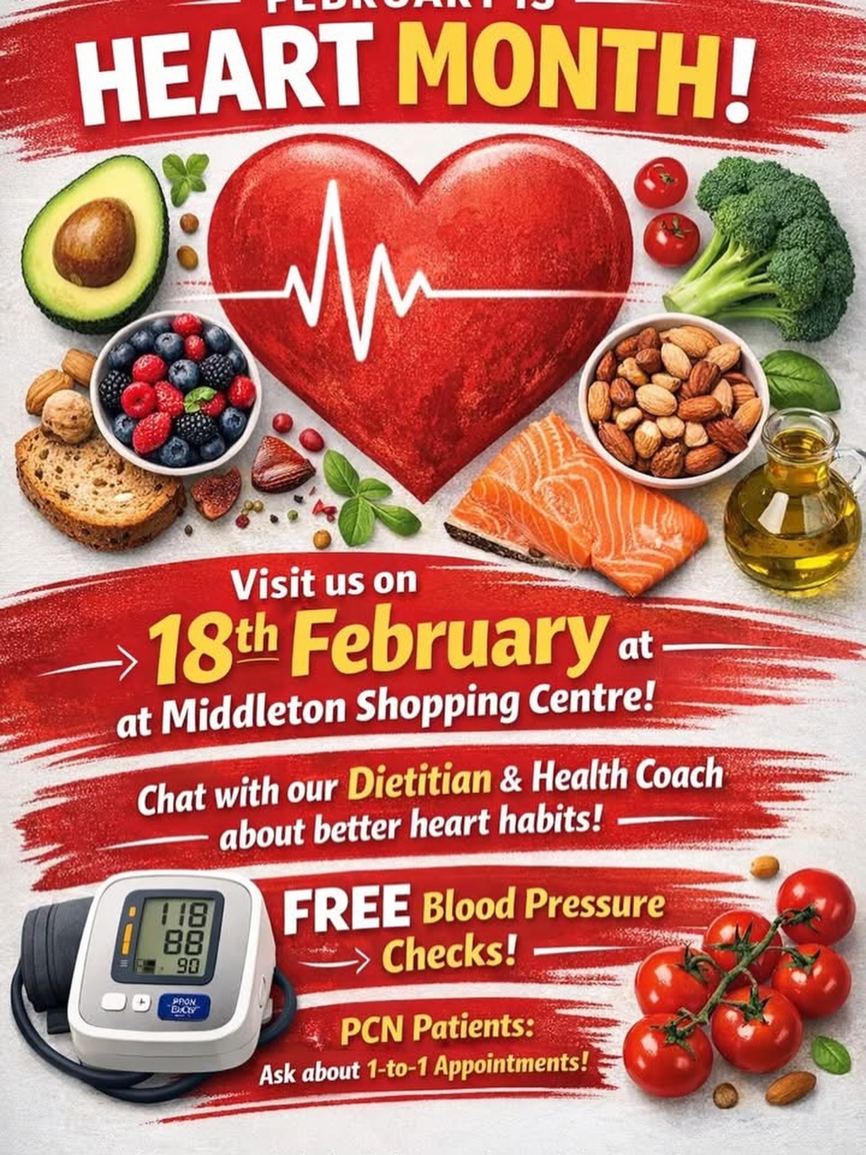 February is Heart Month ❤️This Wednesday the Canalside Primary Care Network team will be at Middleton Shopping Centre from 10am to 2pm offering free blood pressure checks and friendly heart health advice.Pop in while you are visiting. No appointment needed.