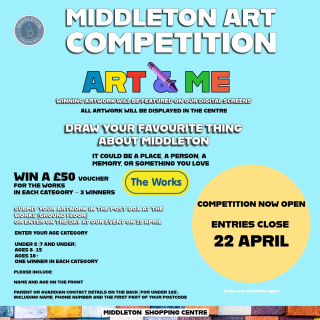 🎨 MIDDLETON ART COMPETITION🖍 Draw your favourite thing about Middleton🏆 Win a £50 voucher for The Works
(3 winners, one in each category)👶 Under 8 (7 and under)
👧 Ages 8–15
🧑 Ages 16+📍 Enter at The Works (ground floor)
📅 Closes 22 April🖼 All artwork displayed in the centre
#art #middleton