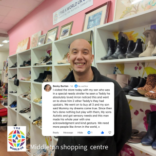 Moments like this mean so much 💙A huge well done to Aaron at A World for helping create such a special experience for one young visitor and his family.Small acts of kindness and understanding can make a massive difference, especially for children with additional sensory needs. It’s wonderful to see one of our retailers recognised for taking the time to care and connect.Thank you to Becky for sharing such a heartfelt review, and thank you Aaron for showing the kindness and compassion that helps make Middleton Shopping Centre a welcoming place for everyone. ✨#MiddletonShoppingCentre #CommunityMatters #AutismAwareness #KindnessMatters #Middleton RetailWithHeart