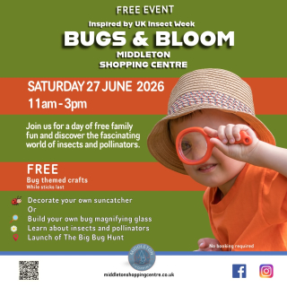 🐞🌼 BUGS & BLOOM IS COMING TO MIDDLETON SHOPPING CENTRE 🌼🐞Join us for a free family event inspired by UK Insect Week and discover the fascinating world of insects and pollinators.🎨 Free bug themed crafts
🌞 Decorate your own suncatcher
🔎 Decorate your own bug magnifying glass
🐝 Learn about insects and pollinators
🔍 Launch of The Big Bug Hunt TrailThe Big Bug Hunt Trail will continue throughout July, giving families plenty of time to explore the centre and collect their stickers.📅 Saturday 27 June 2026
🕚 11am to 3pm
📍 Middleton Shopping CentreNo booking required. Simply turn up and join in.#ukinsectweek #bugs #insectweek