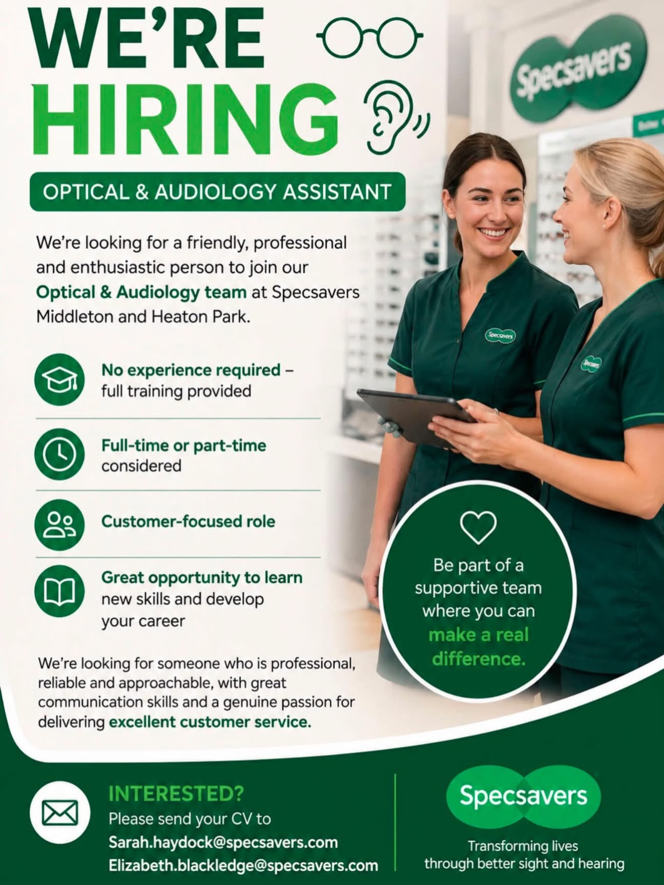 π @specsavers are HIRING β OPTICAL & AUDIOLOGY ASSISTANT πβ¨ No experience required β full training provided
π Full-time or part-time considered
π€ Customer-focused role
π Great opportunity to learn new skills and develop your careerπ© Interested? Please send your CV to
Sarah.haydock@specsavers.com
Elizabeth.blackledge@specsavers.comMiddleton Shopping Centre